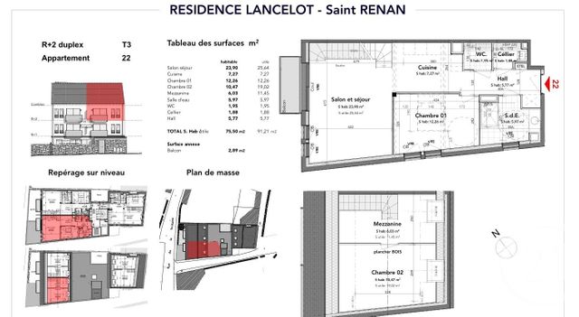 Appartement T3 à vendre - 3 pièces - 75,50 m2 - St Renan - 29 - BRETAGNE
