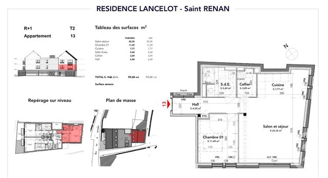 Appartement T2 à vendre - 2 pièces - 59,68 m2 - St Renan - 29 - BRETAGNE